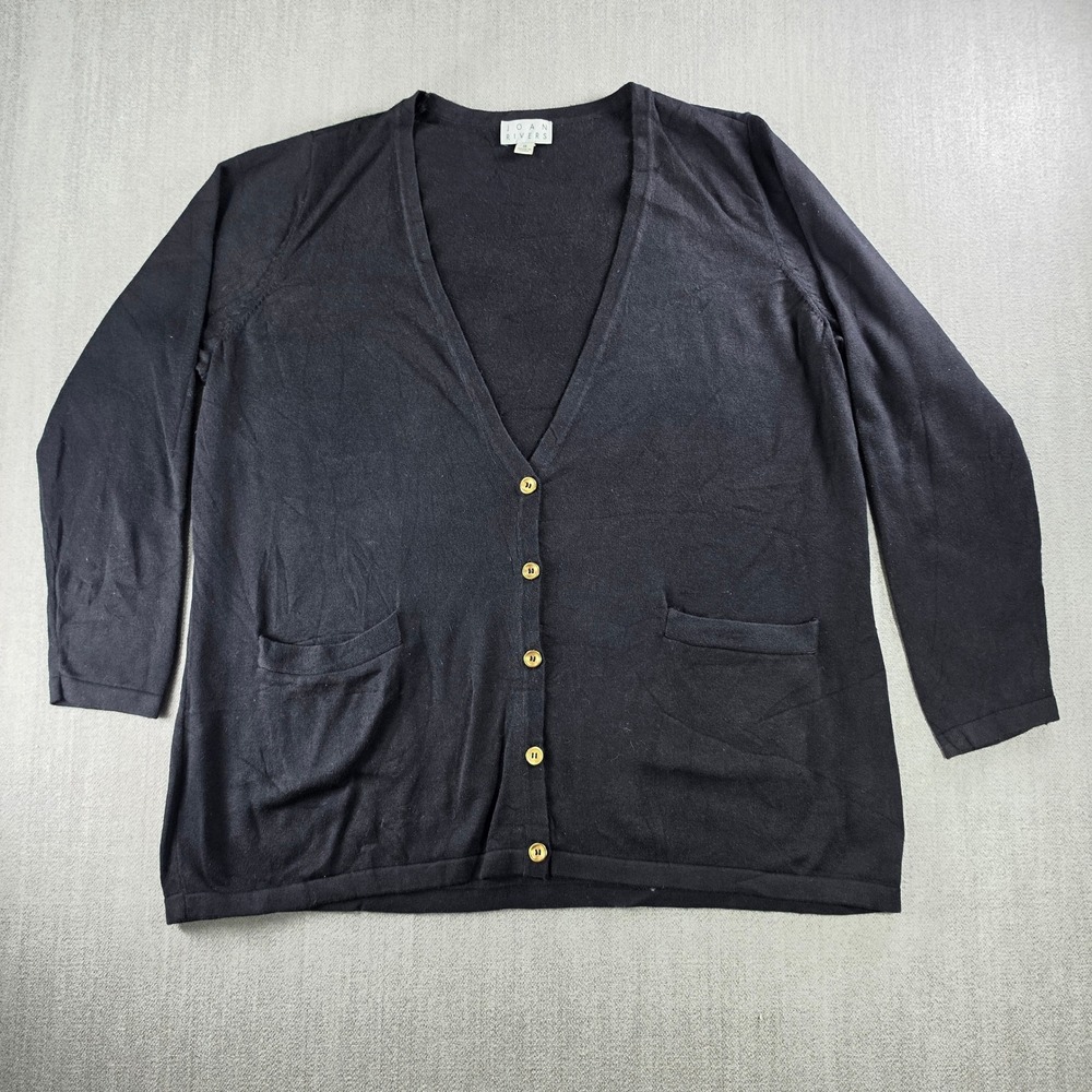Joan Rivers Cardigan Sweater Womens 1X Black Cotton Blend V-Neck Button‎ Front